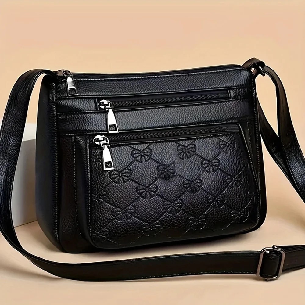 Women Crossbody Mom Bag PU Leather Large Capacity Multi-Pocket Shoulder Black