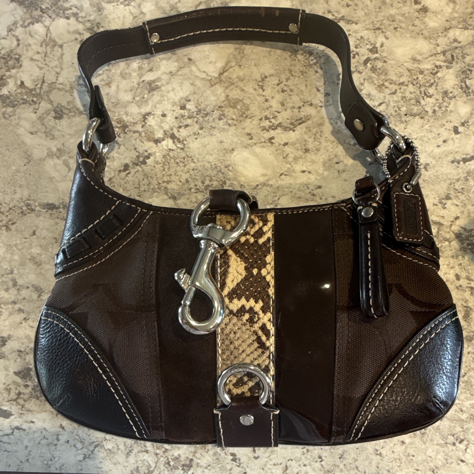 Vintage Coach Small Hampton BROWN Signature Python Suede Leather Shoulder Bag
