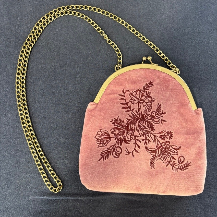 Fable England Rose Pink Velvet Victoriana Embroidered Bag Gold Chain