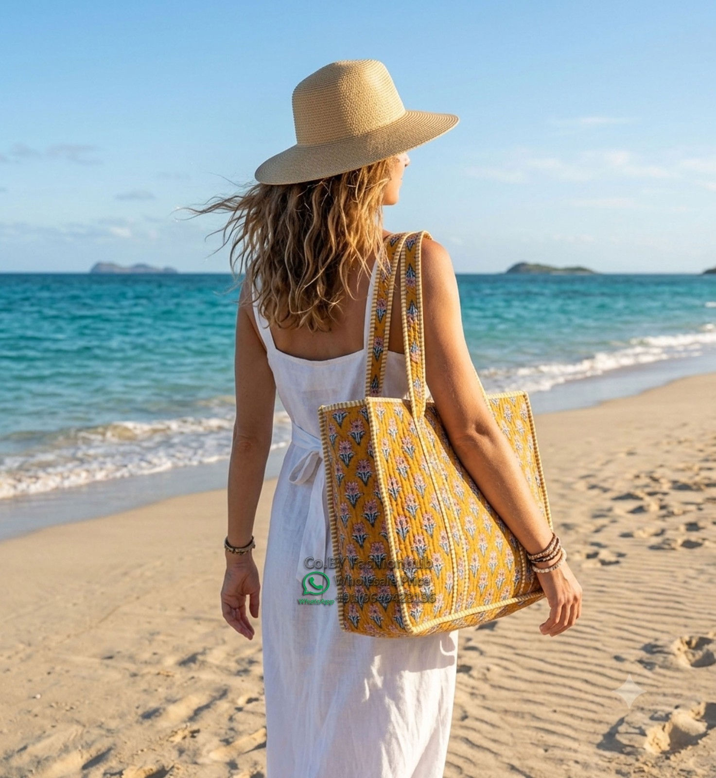 Quilted Boho Tote Bag Handmade Indian Block Print Yellow Cotton Weekender Handba