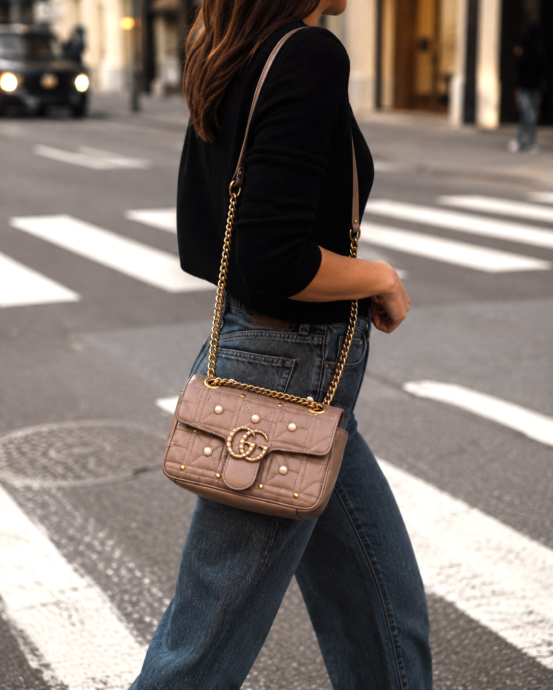 Gucci GG Marmont Matelassé Pearl Studded Calfskin Shoulder Bag Flap Purse 443497