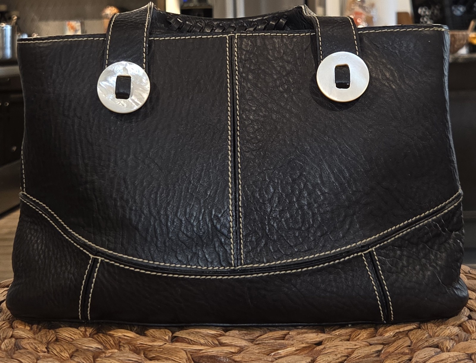 Tommy Bahama Black Pebbled Leather Satchel Bag Mother Of Pearl Shell Hardware