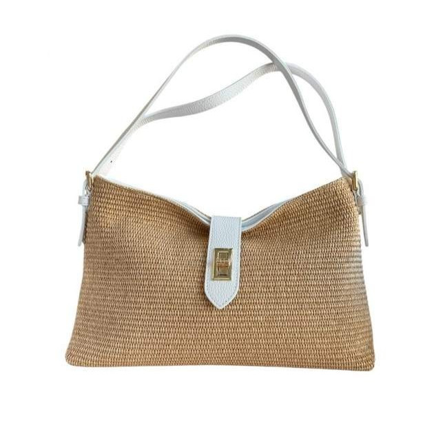 ITALIAN CALF LEATHER & RAFFIA HANDBAG SHOULDER BAG PURSE – MADE IN ITALY
