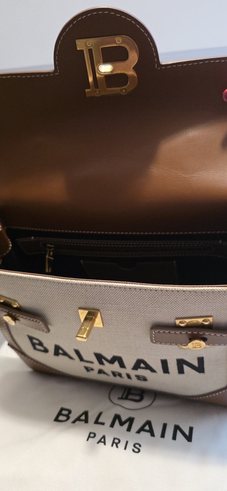 Balmain B Buzz Natural Brown Canvas Leather Shoulder Bag