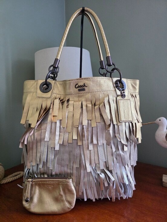 Coach 13123 Madison XL Fringe Tote Gold Metallic Leather Goat Suede Bag Pouch