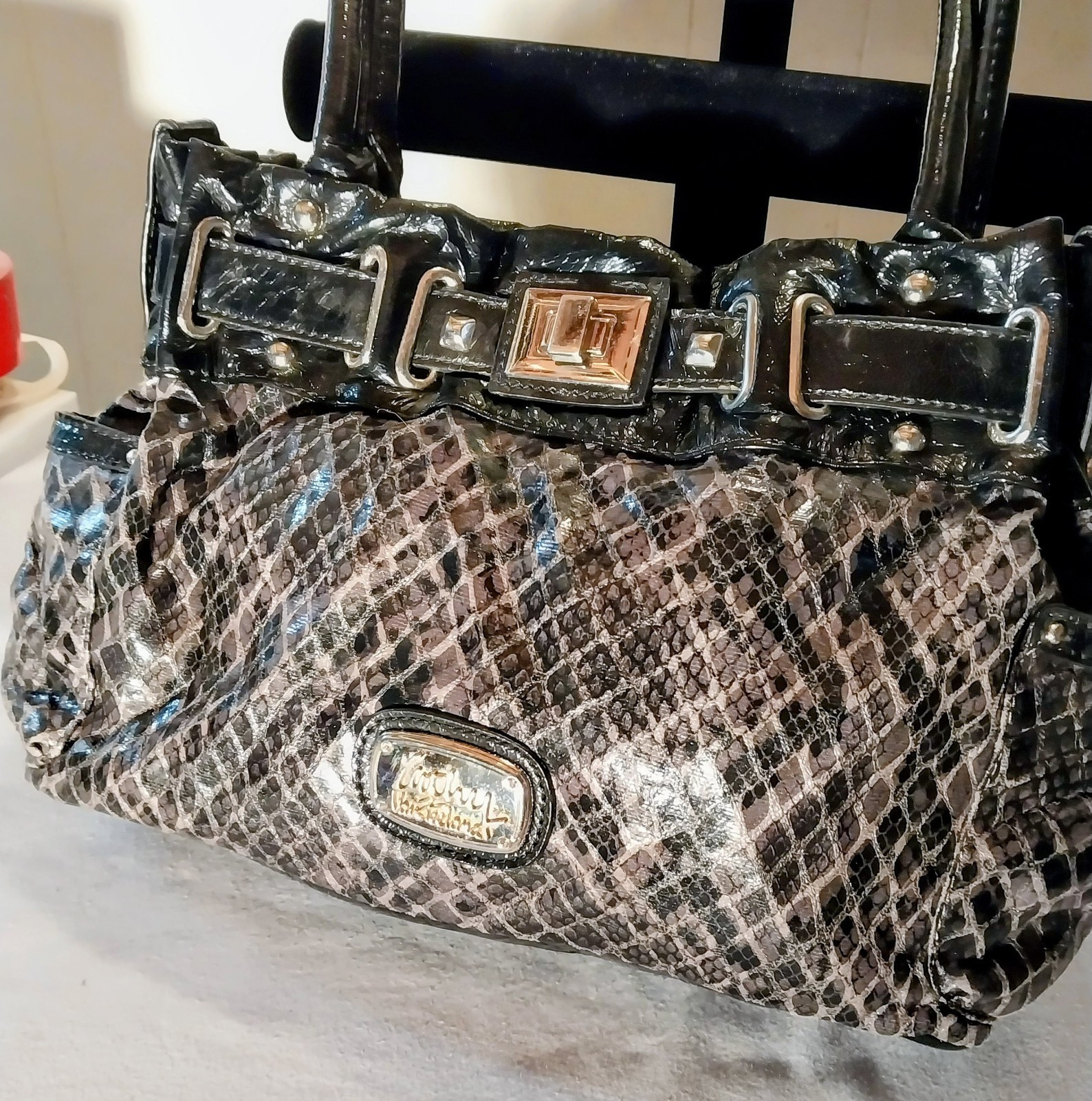 VTG Kathy Van Zeeland Croc Leopard Snake Print Mixed Media Hobo Shoulder Bag