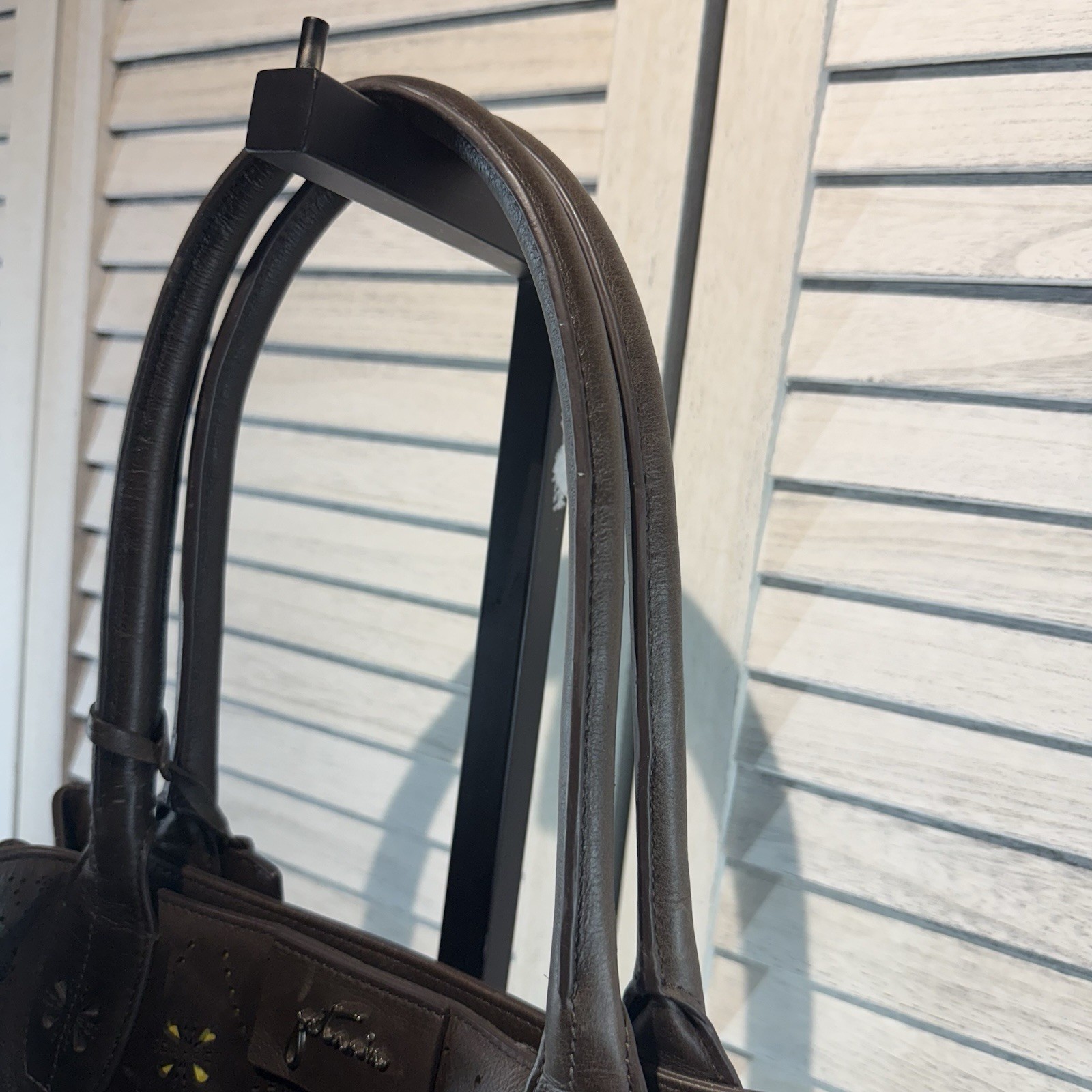 Petunia Pickle Bottom Brown Leather And Sepia Tote Handbag Purse Cutout Floral