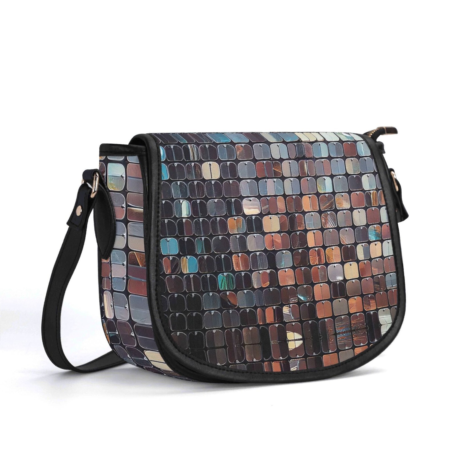 Sequin Tiles Scales Genuine Leather Saddle Shoulder Bag Handbag Silver Disco