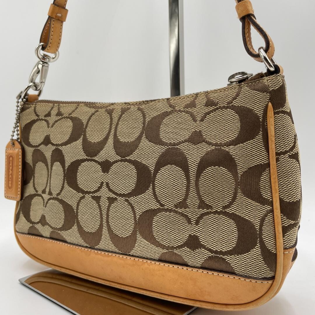 COACH Signature Canvas Brown Shoulder Pouch Zip Bag Women 8.27×5.12in