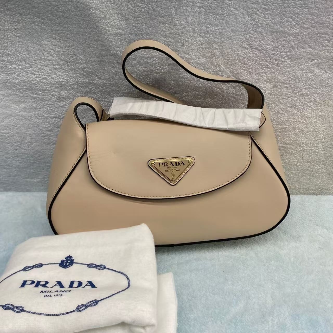 Prada Cleo Sand Beige Small Brushed Leather Flap Shoulder Bag