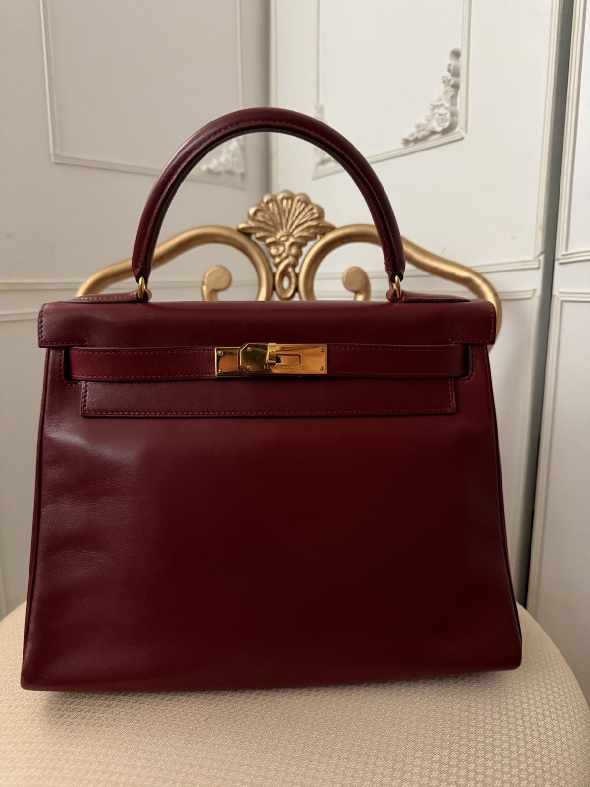 Hermès Rouge H Box Leather Retourne Kelly 28cm 1992