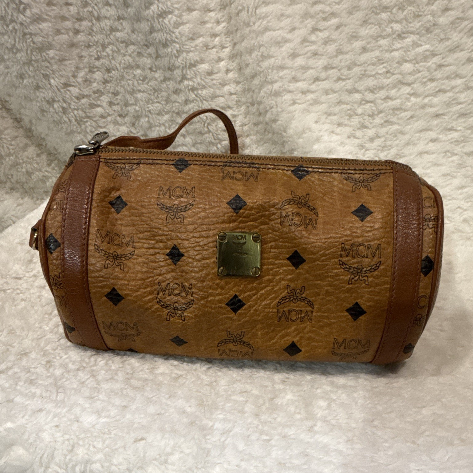 MCM Brown Monogram Cylinder Wristlet Zip Pouch Logo Silver HW