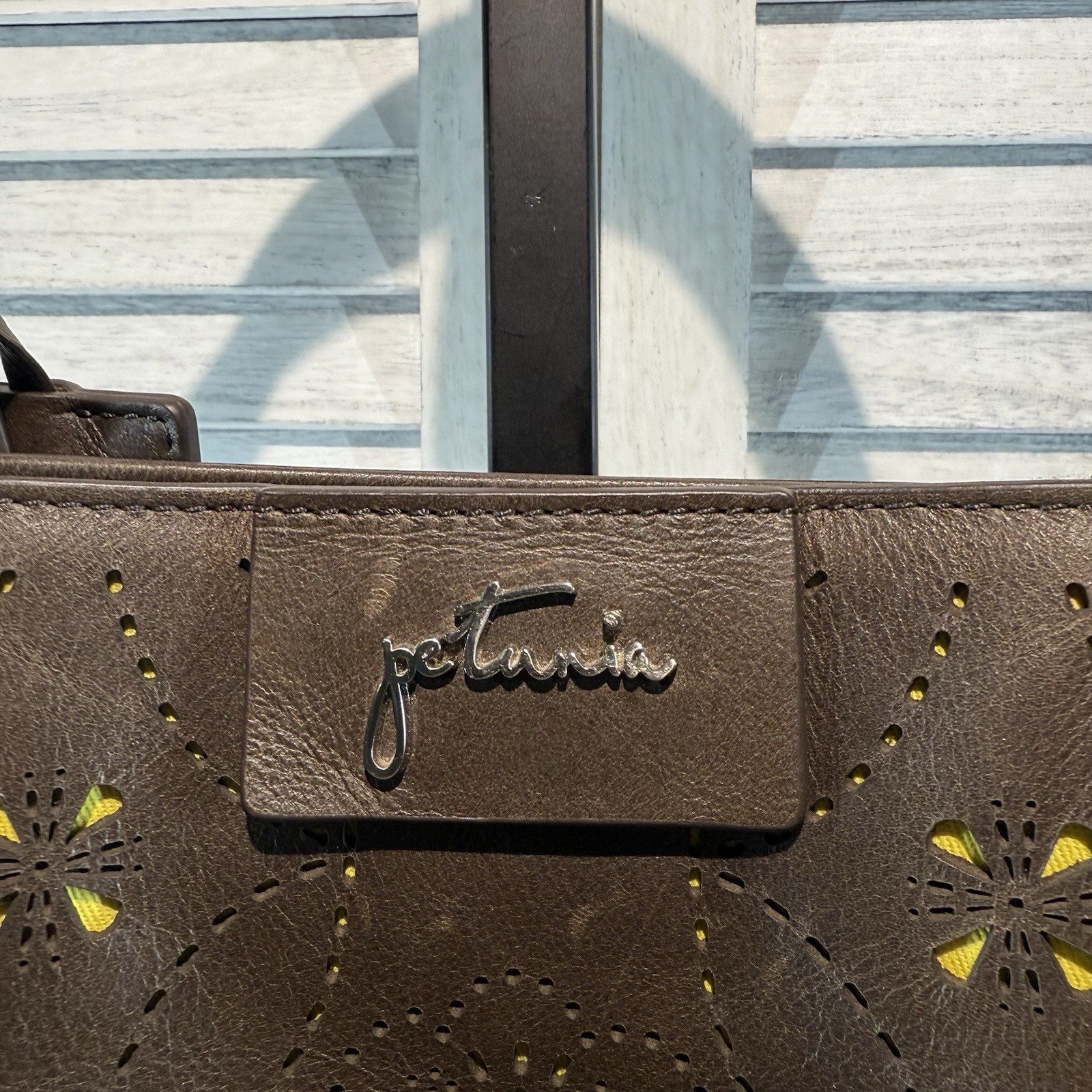 Petunia Pickle Bottom Brown Leather And Sepia Tote Handbag Purse Cutout Floral