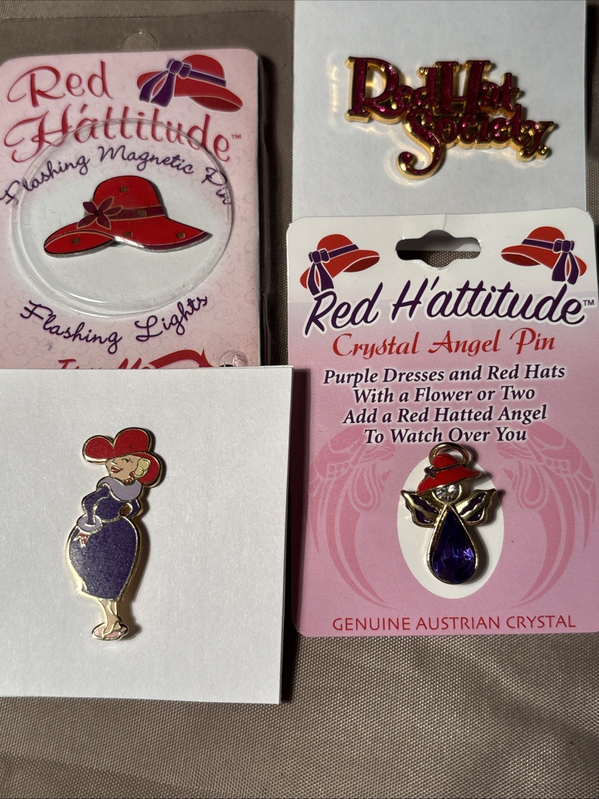 Red Hat Society lot Pins, Crystal Angel, Flashing Hat Pin, Purple Dress Lot