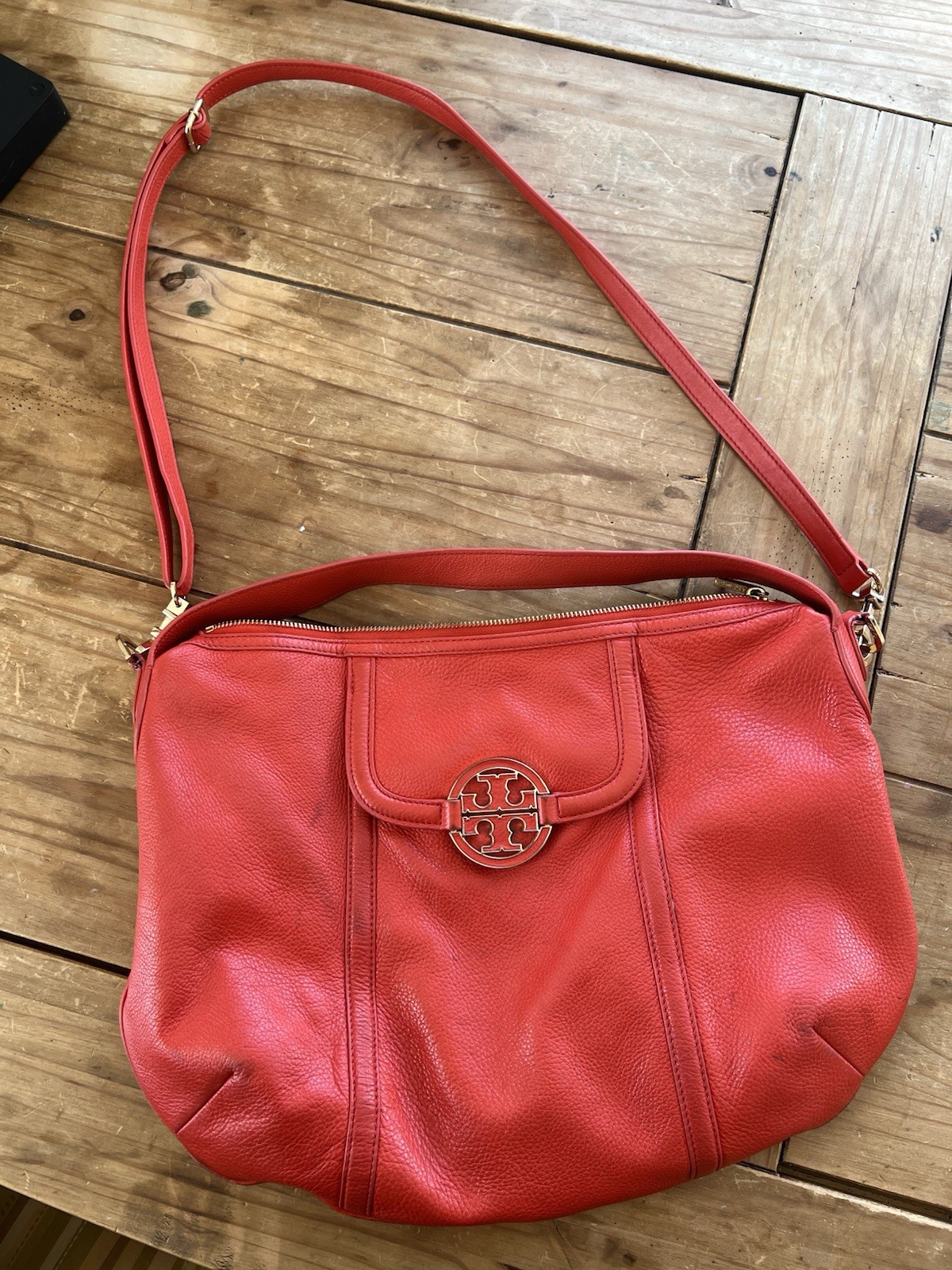 Tory Burch Amanda Orange Pebbled Leather Bag with Detachable Strap AUTHENTIC