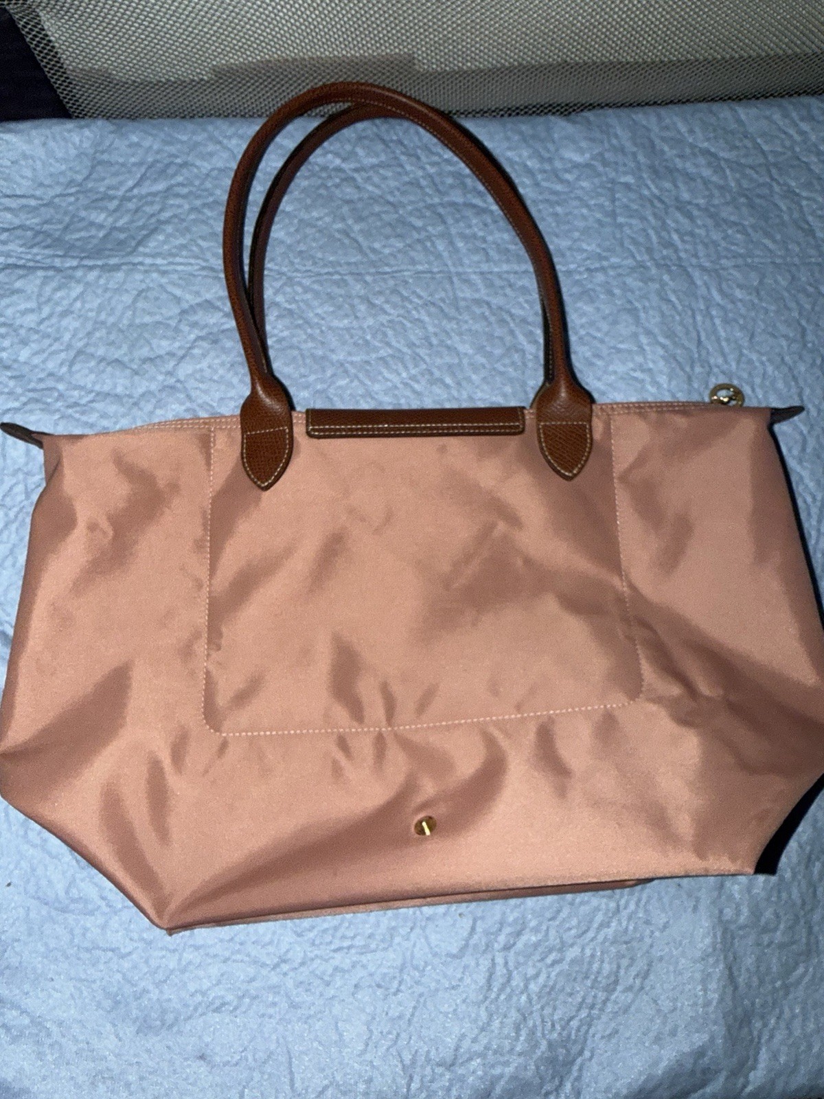 Longchamp Le Pliage Foldable Pink Tote Zip/Snap Brown Leather Handles Gold