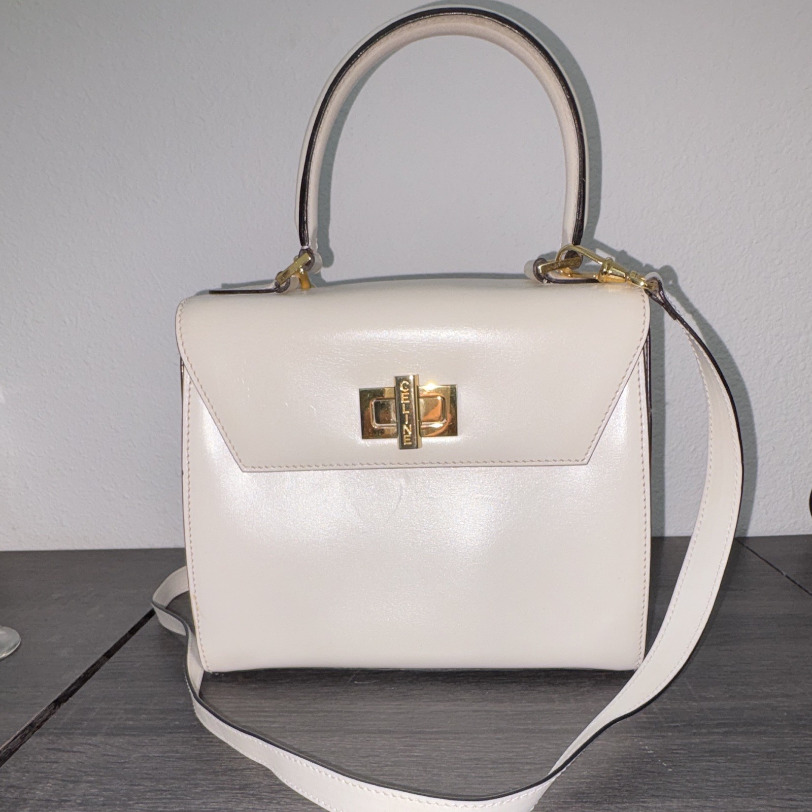Vintage Celine Beige Small Top Handle Bag w/ Detachable Strap