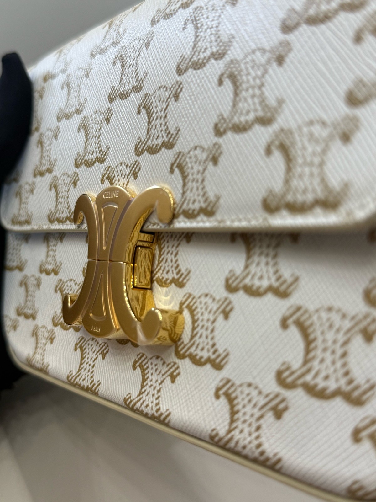 CELINE Claude Triomphe Shoulder Bag Canvas Leather White Brown Used