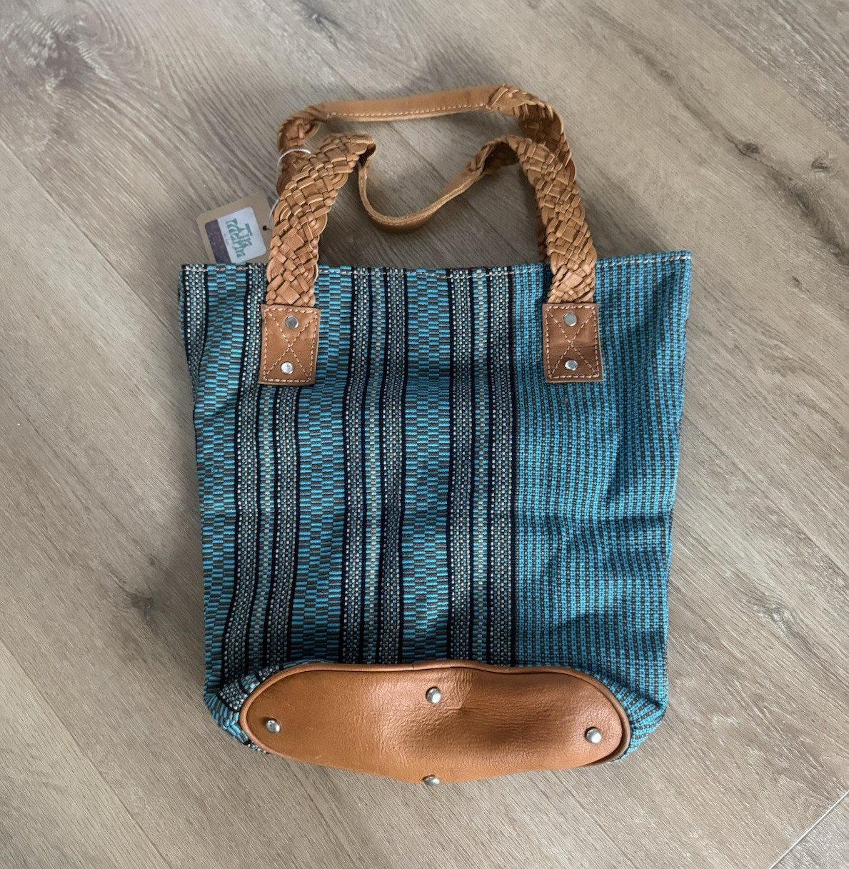 Women’s Blue/Black Striped Rectangle Tote Zip Bag Brown Braided Leather Handles