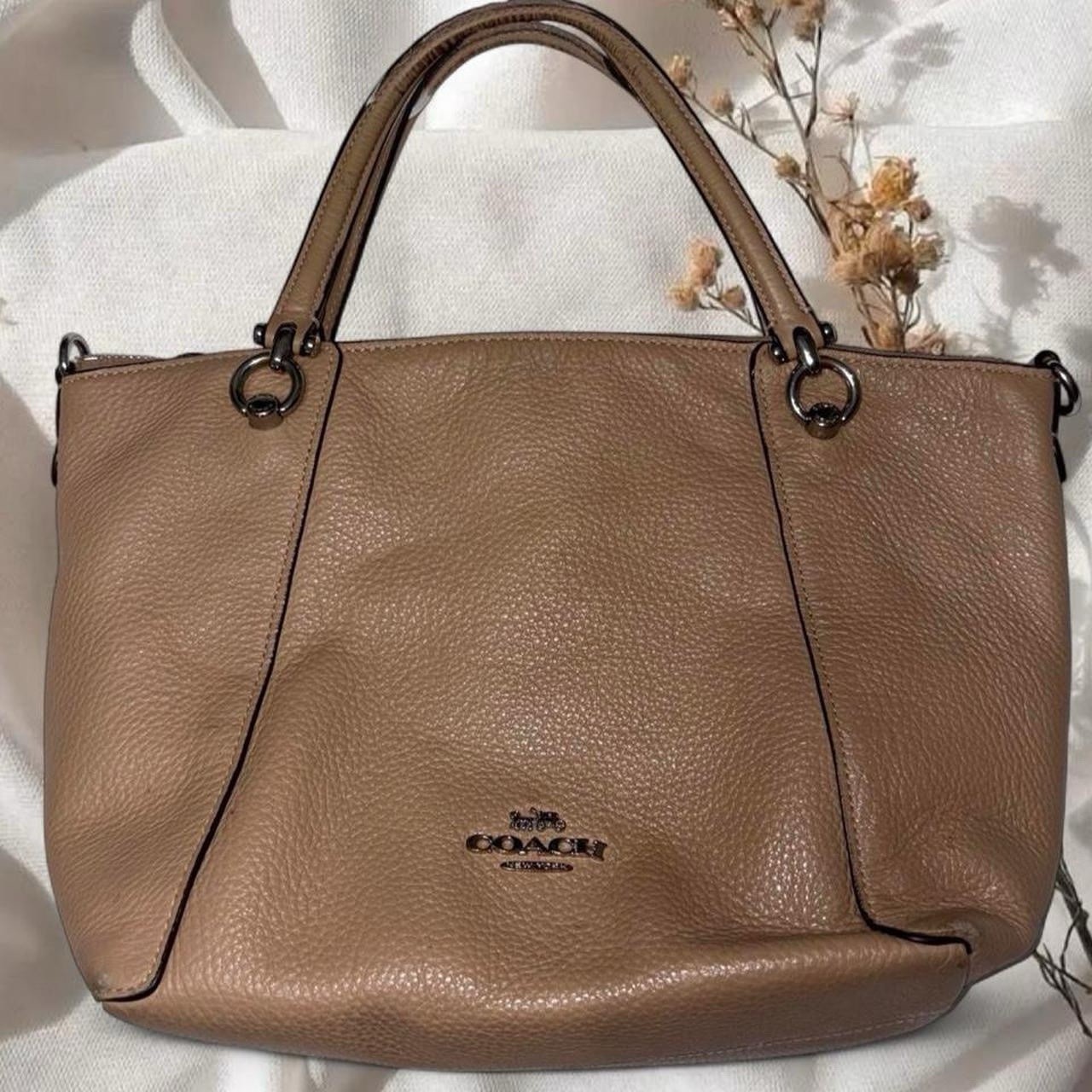 Coach Woman’s Kacey Pebbled Leather Satchel Bag – Taupe Color