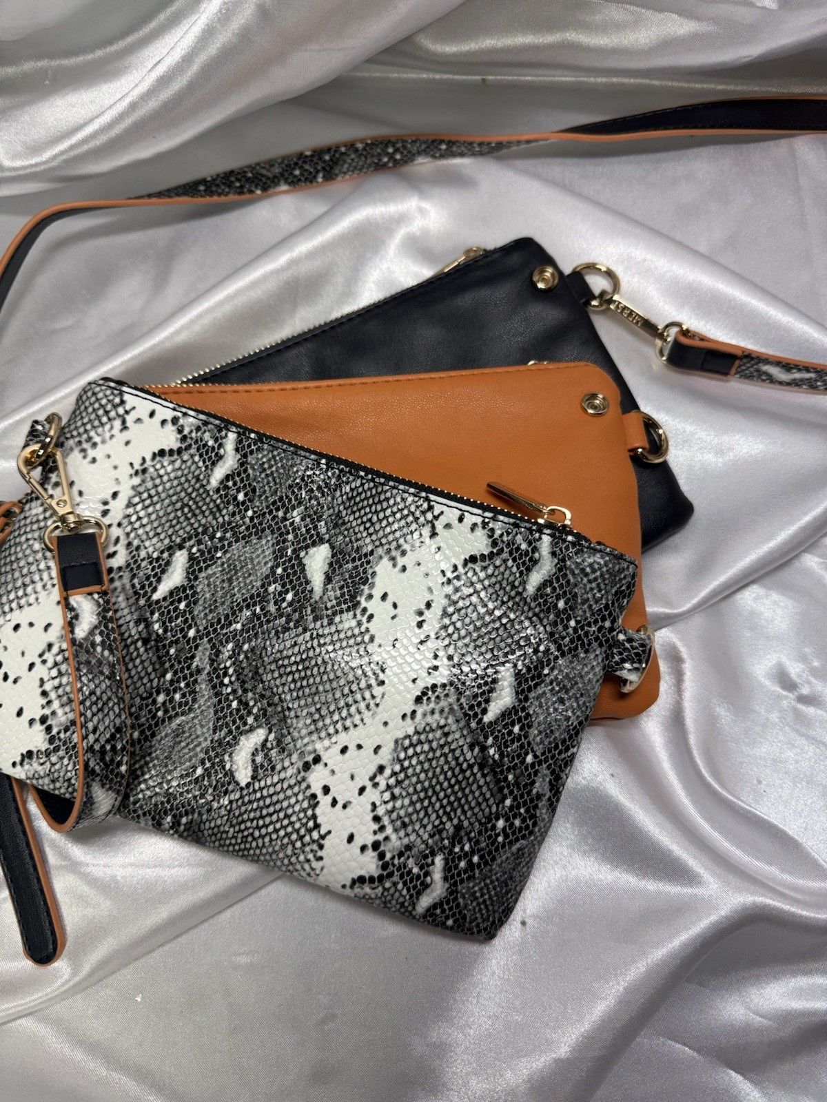 MERSI 3-in-1 Triple Pouch Vegan Leather Crossbody Black Orange Snakeskin 2 Strap