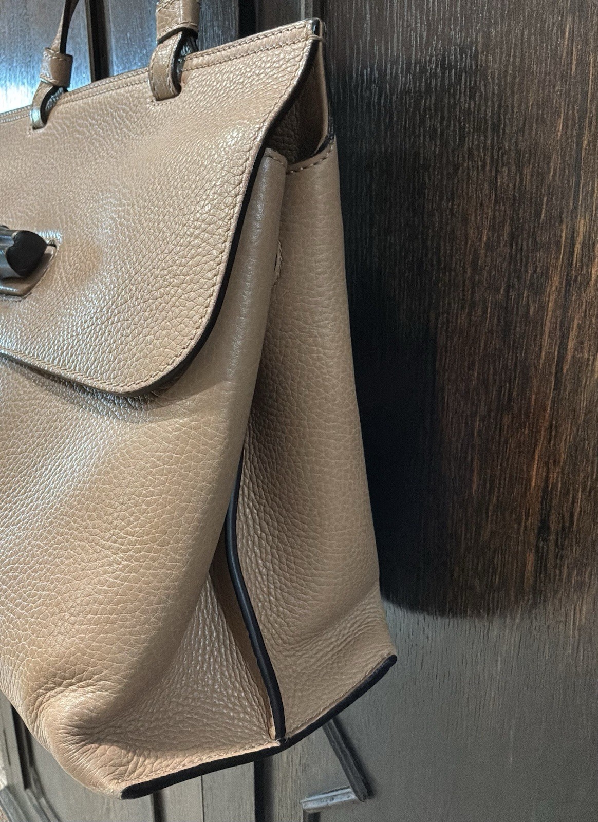 Gucci Bamboo Daily Top Handle Bag Taupe Pebbled Leather Bamboo Turn lock+ Strap