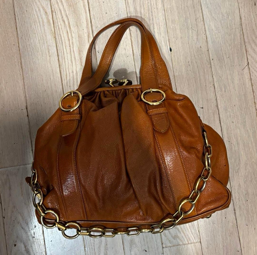 Marc Jacobs Brown Satchel Top Handle, Gold Hardware, Frame Closure, Gray Lined