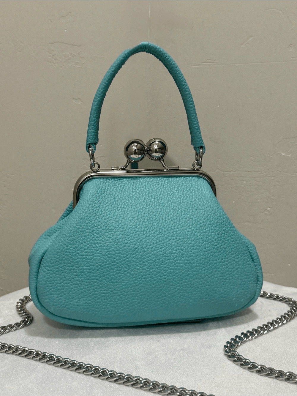 Turquoise Cowhide Calfskin Handmade Kisslock Frame Bag, Crossbody