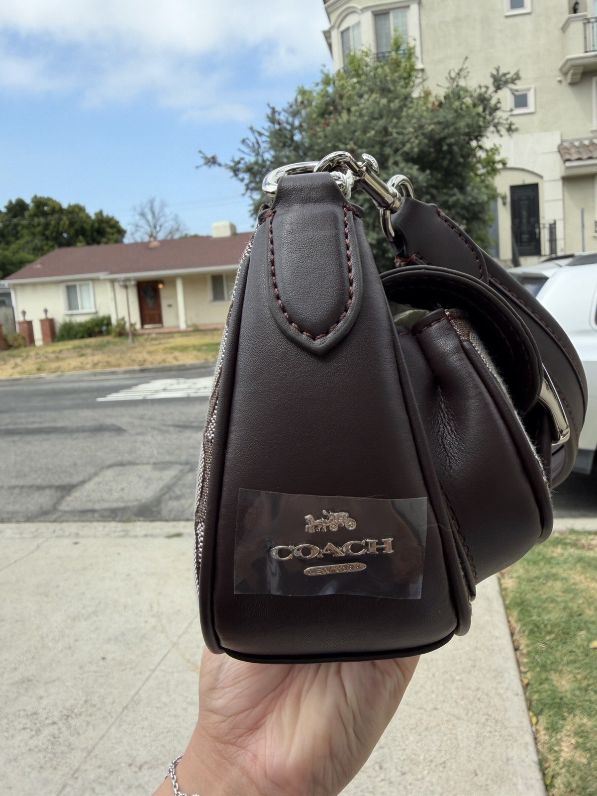 Coach Signature Brown Small Crescent Shoulder Bag Zip Detachable Strap Buckle