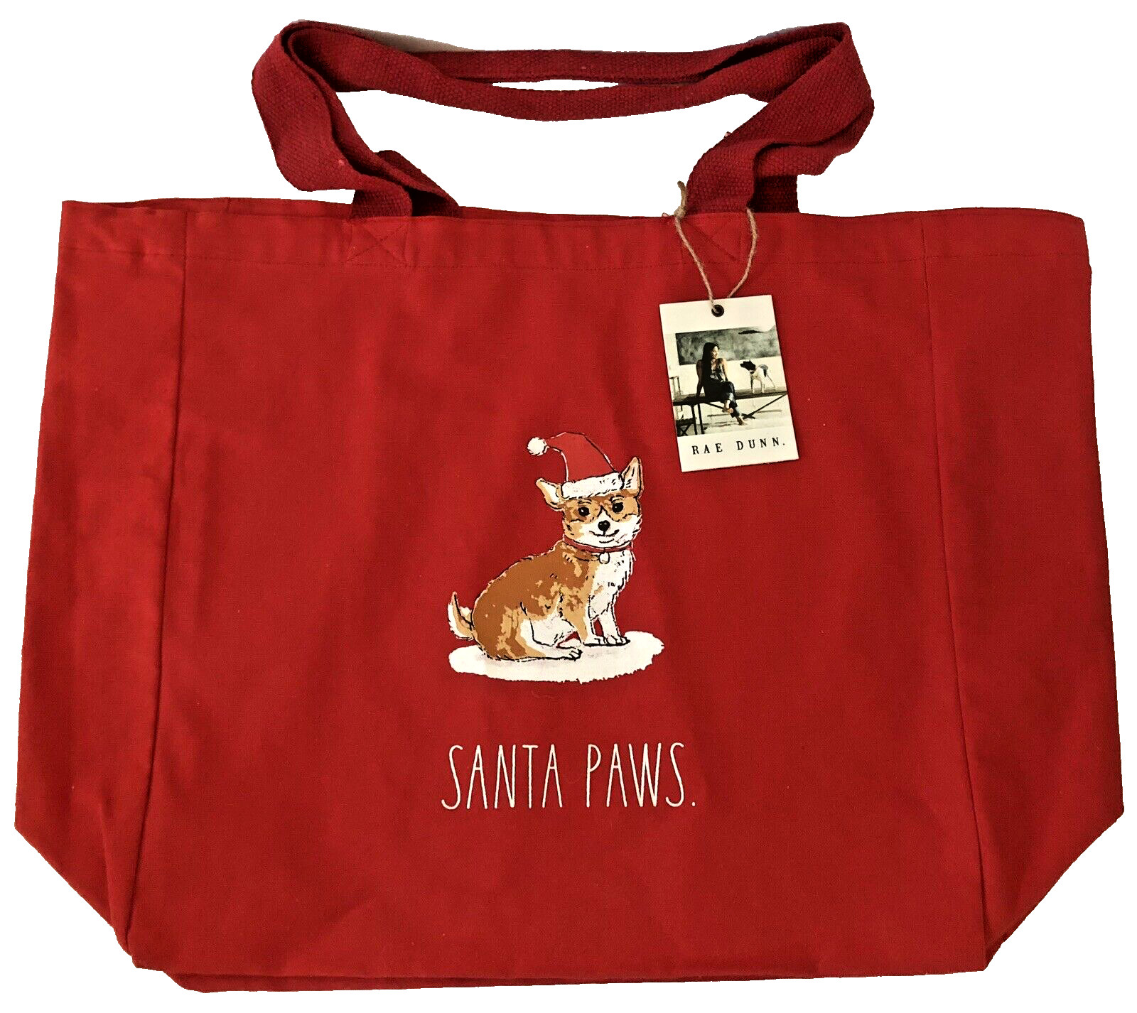 Rae Dunn Santa Paws Corgi Dog Holiday Christmas Large Tote Bag Gift Shopping NWT