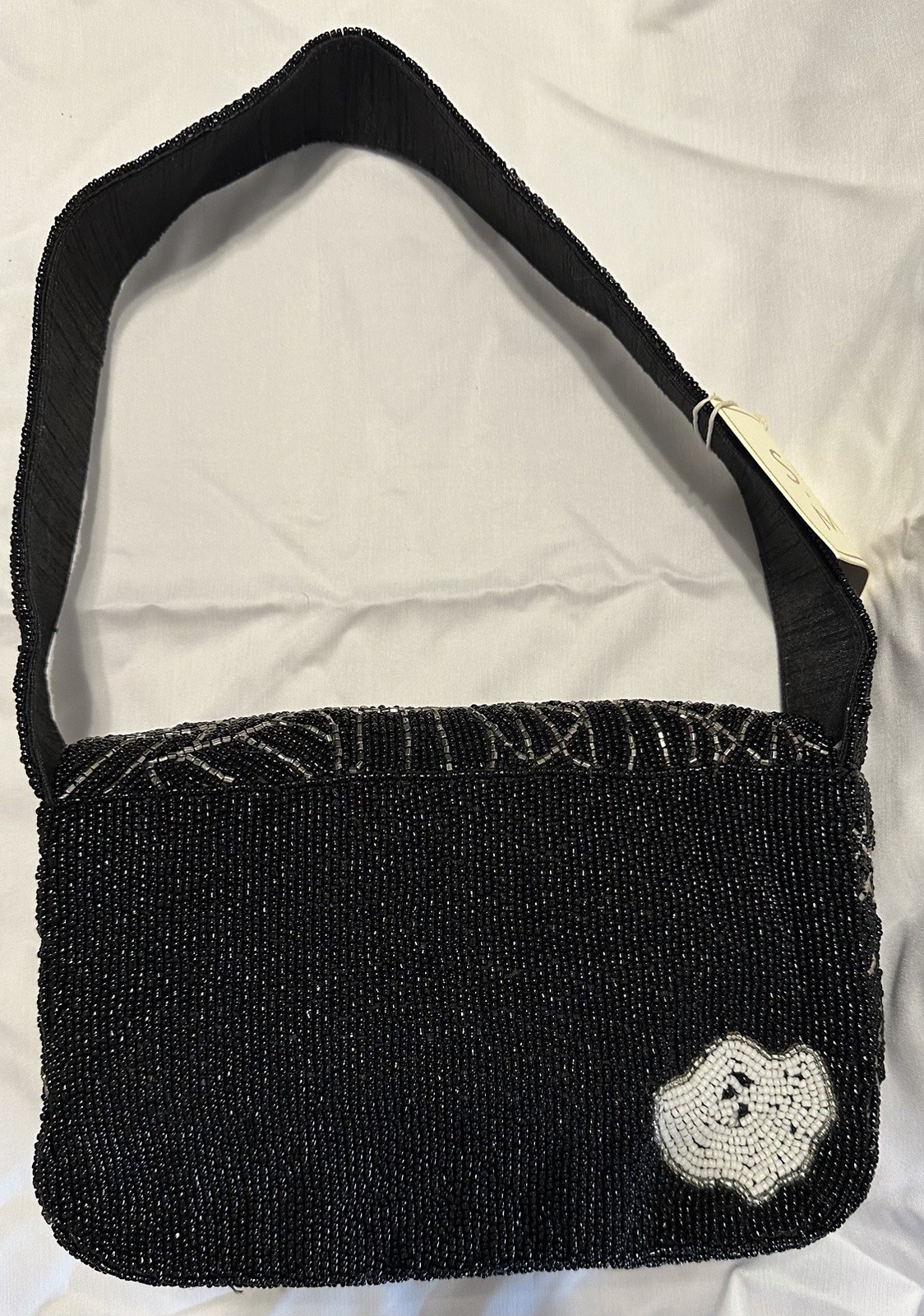 Sol & Mer Black Beaded White Ghost/Spider Web Shoulder Bag