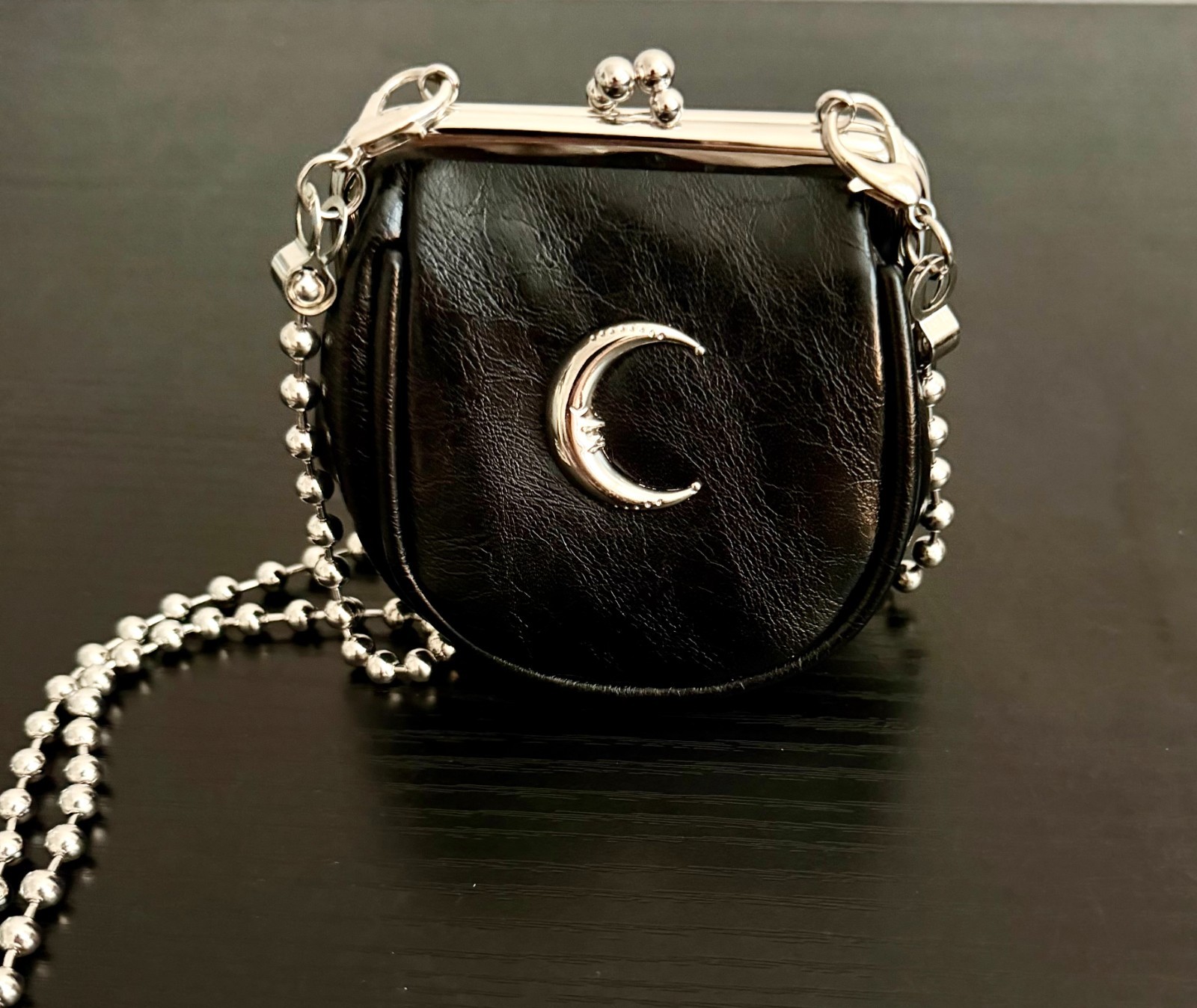 Small Black Silver Crescent Moon 🌙 Purse W/Long Silver Chain