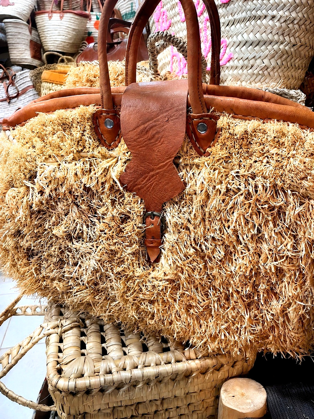 Handmade Moroccan Raffia Tote Bag with Brown Leather Handles, Straw Market bag
