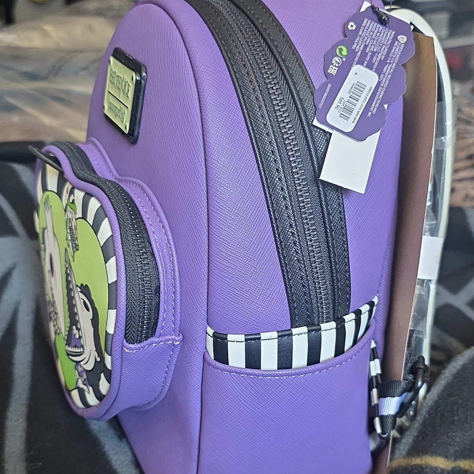 Loungefly Beetlejuice Mini Backpack Purple Striped Heart Patch Zip Detachable