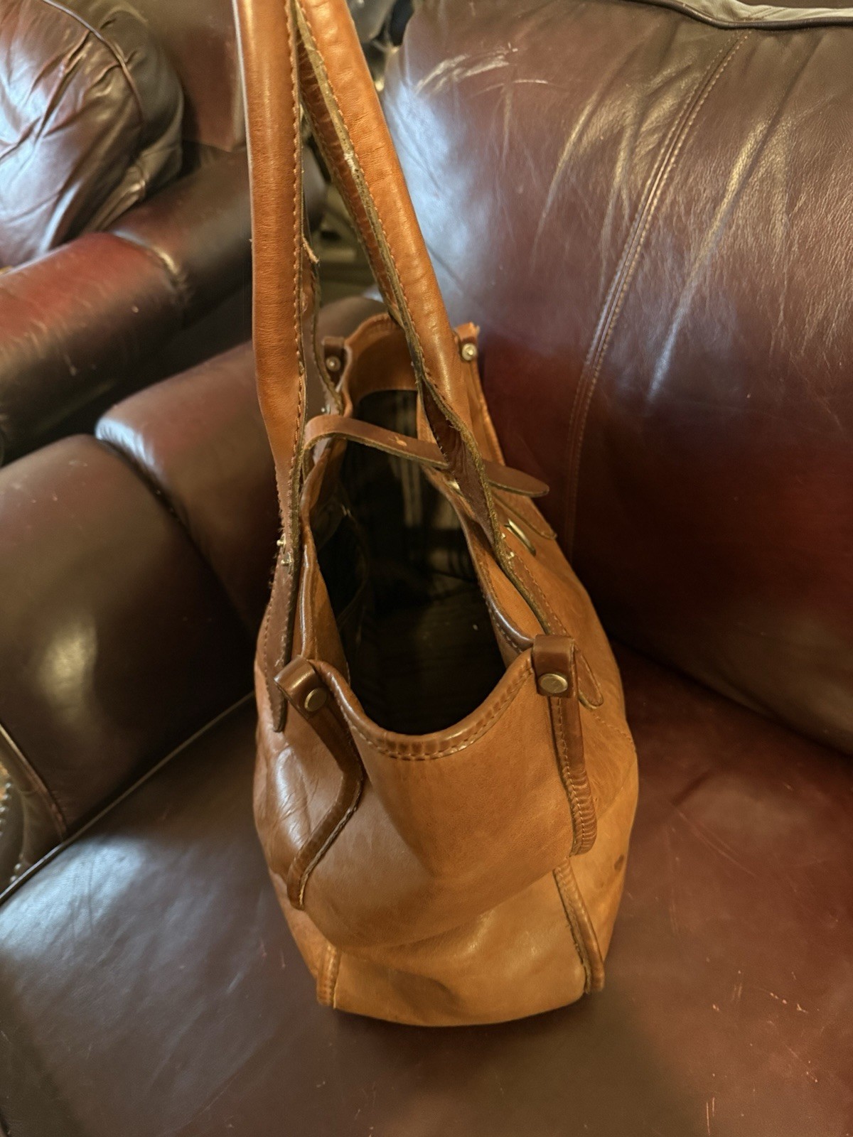 Frye Melissa Large Cognac Distressed Leather Tote Shoulder Bag Brown EUC
