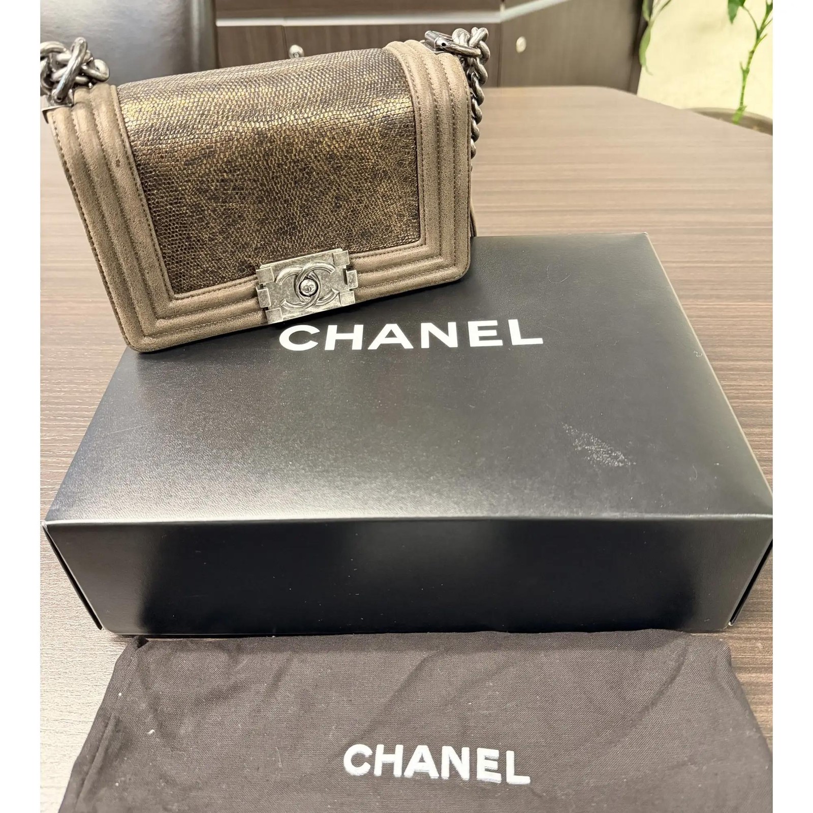 Chanel Lizard Metallic Quilted Brown Leather Small Boy Flap Crossbody Bag