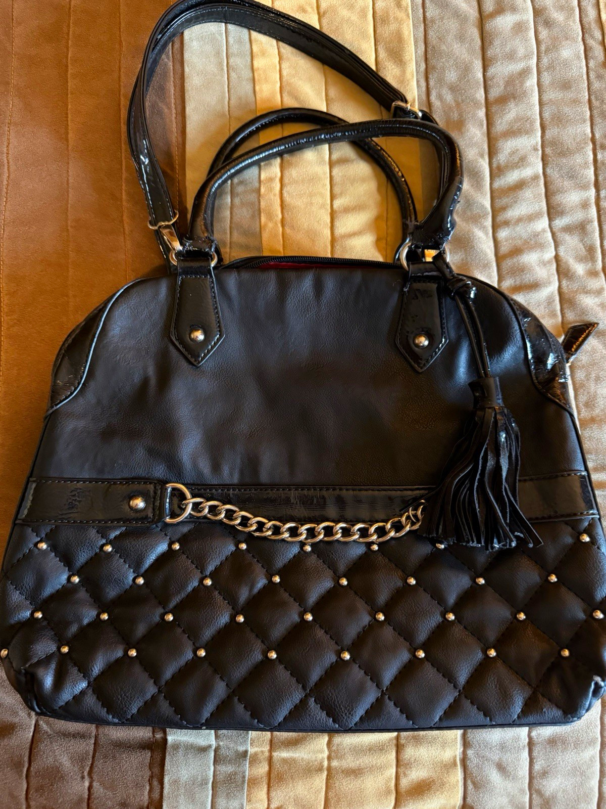 Carlos by Carlos Santana Quilted Black Satchel Top Handle, Red Lining, Strap