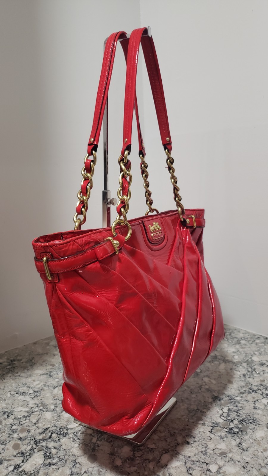 Coach Madison Diagonal Pleated Patent Leather Tote Bag