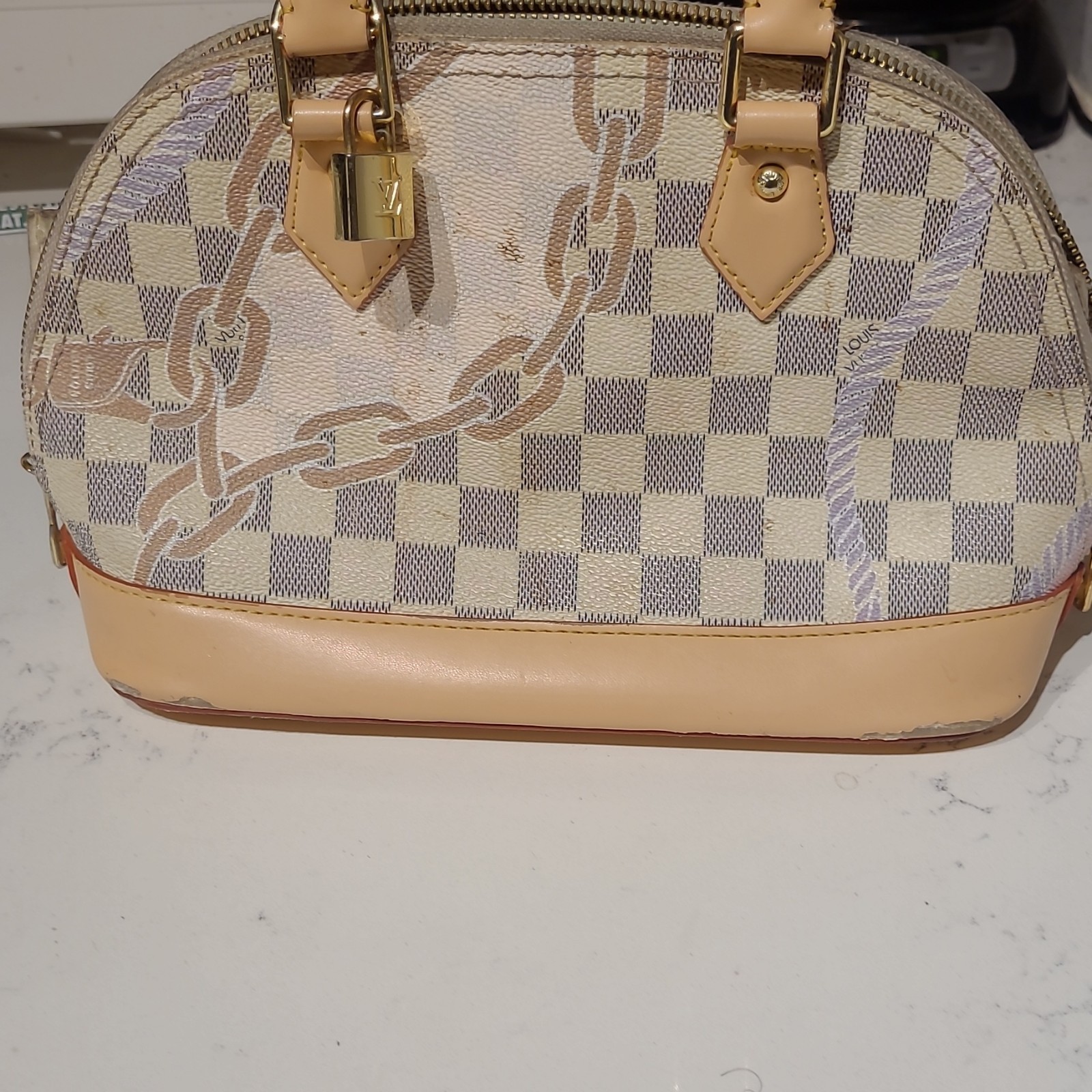 Beige/Blue Check Dome Satchel Top Handle Bag Zip Closure Lock Gold Hardware