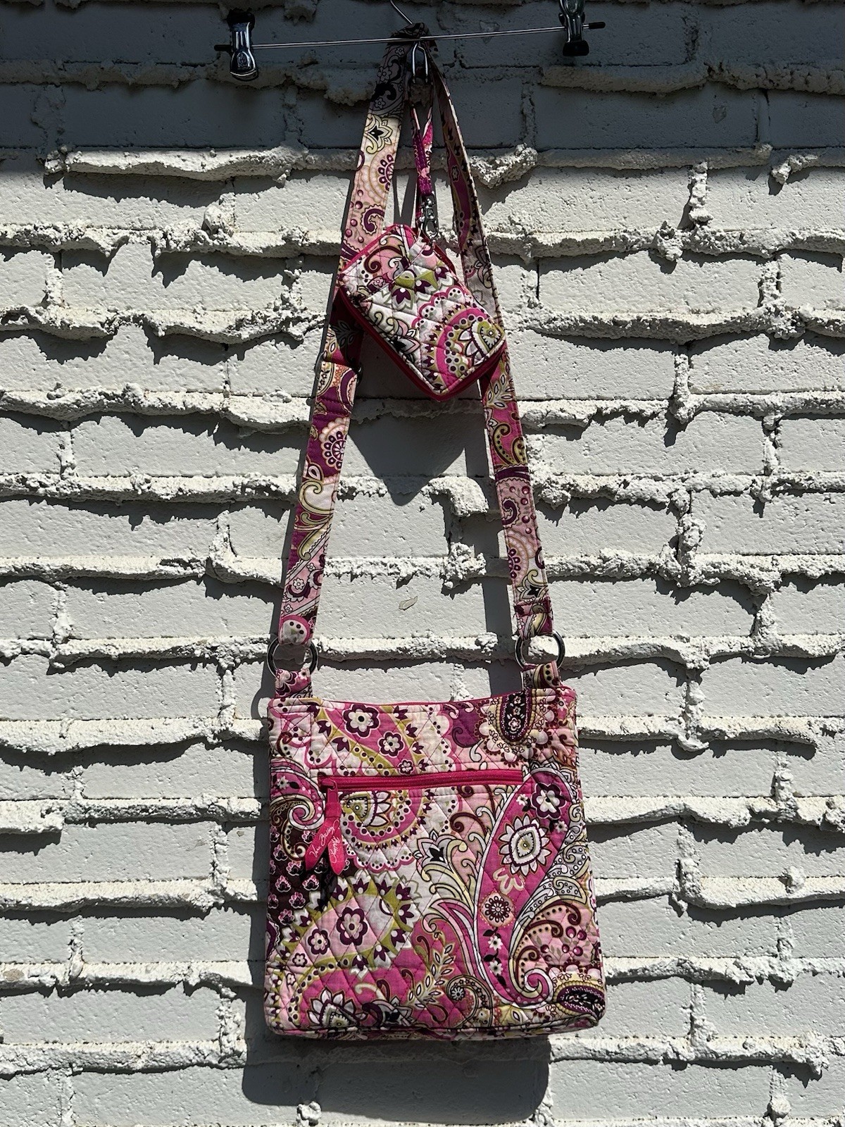 Vera Bradley Pink Paisley Quilted Crossbody Bag Zip Closure + Matching Wallet
