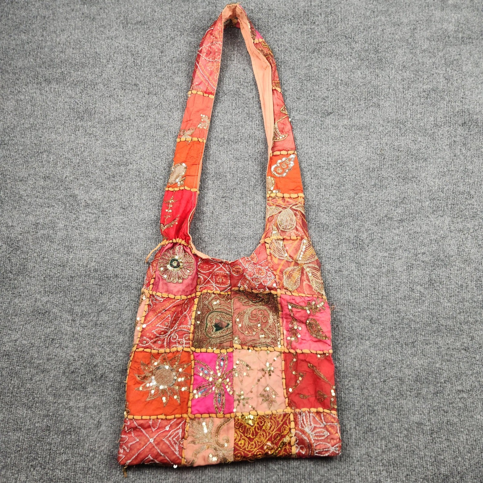 Bohemian Hand Patchwork Hobo Bag Embroidered Sequin Pink Orange Red Shoulder Bag