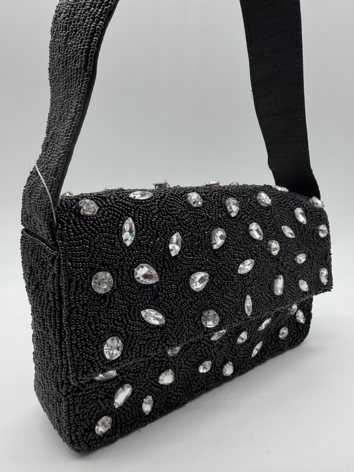 On 34th beaded shoulder bag with crystal embellishments – Black and silver