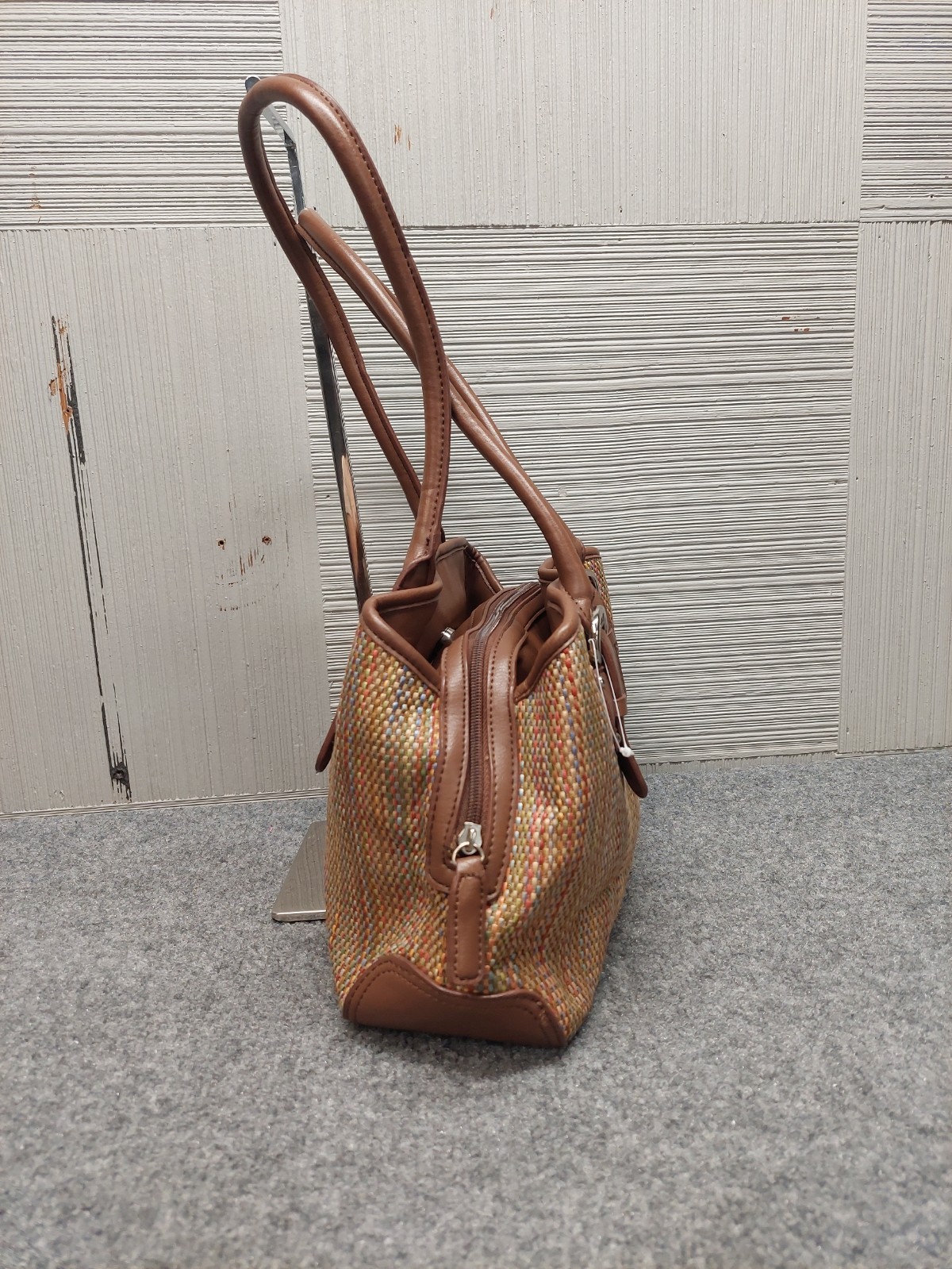 Croft & Barrow Women Shoulder Bag Small Brown Stripe Braided Leather Trim Casual