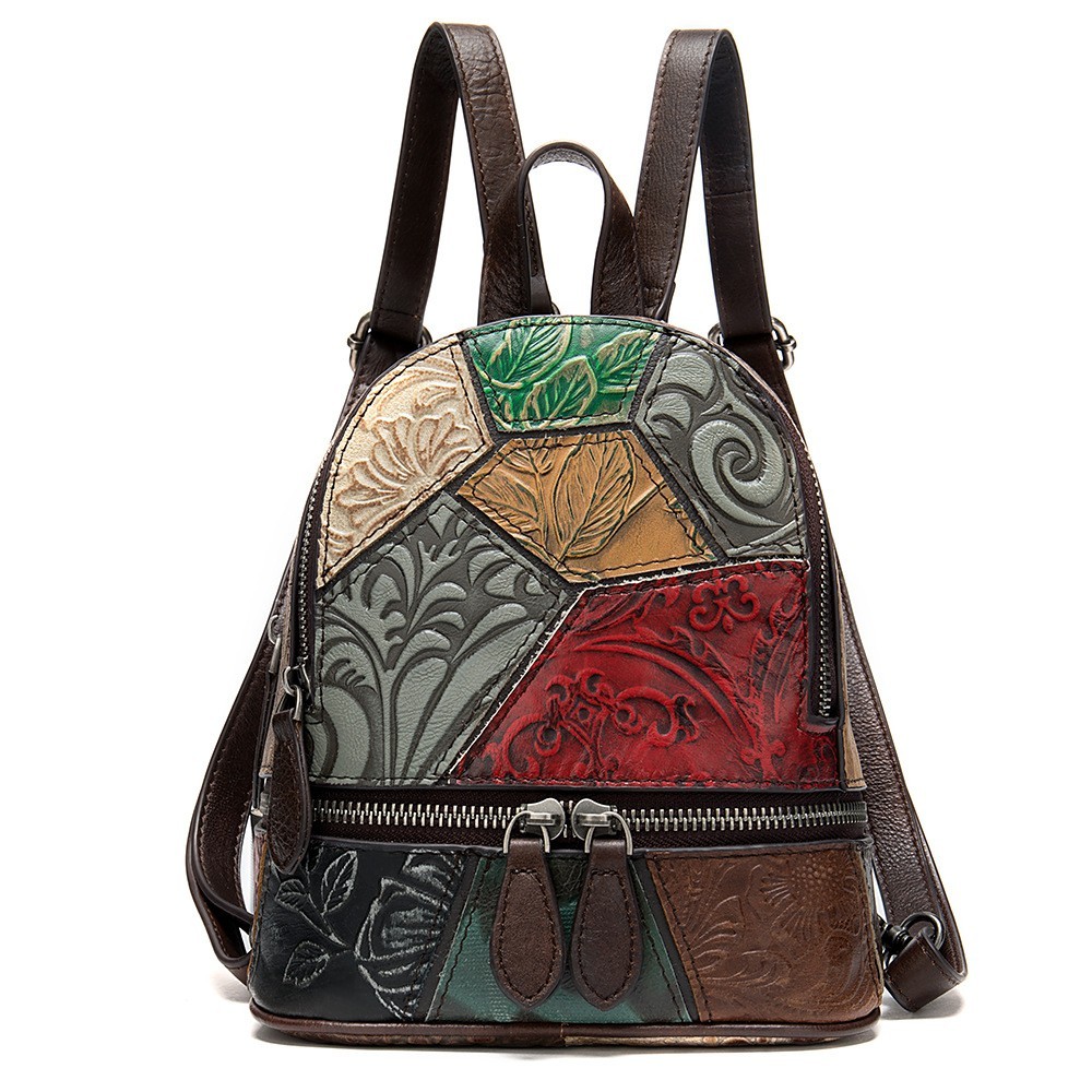 Women’s Vintage Patchwork Leather Backpack Purse Travel School Daypack Shoulder