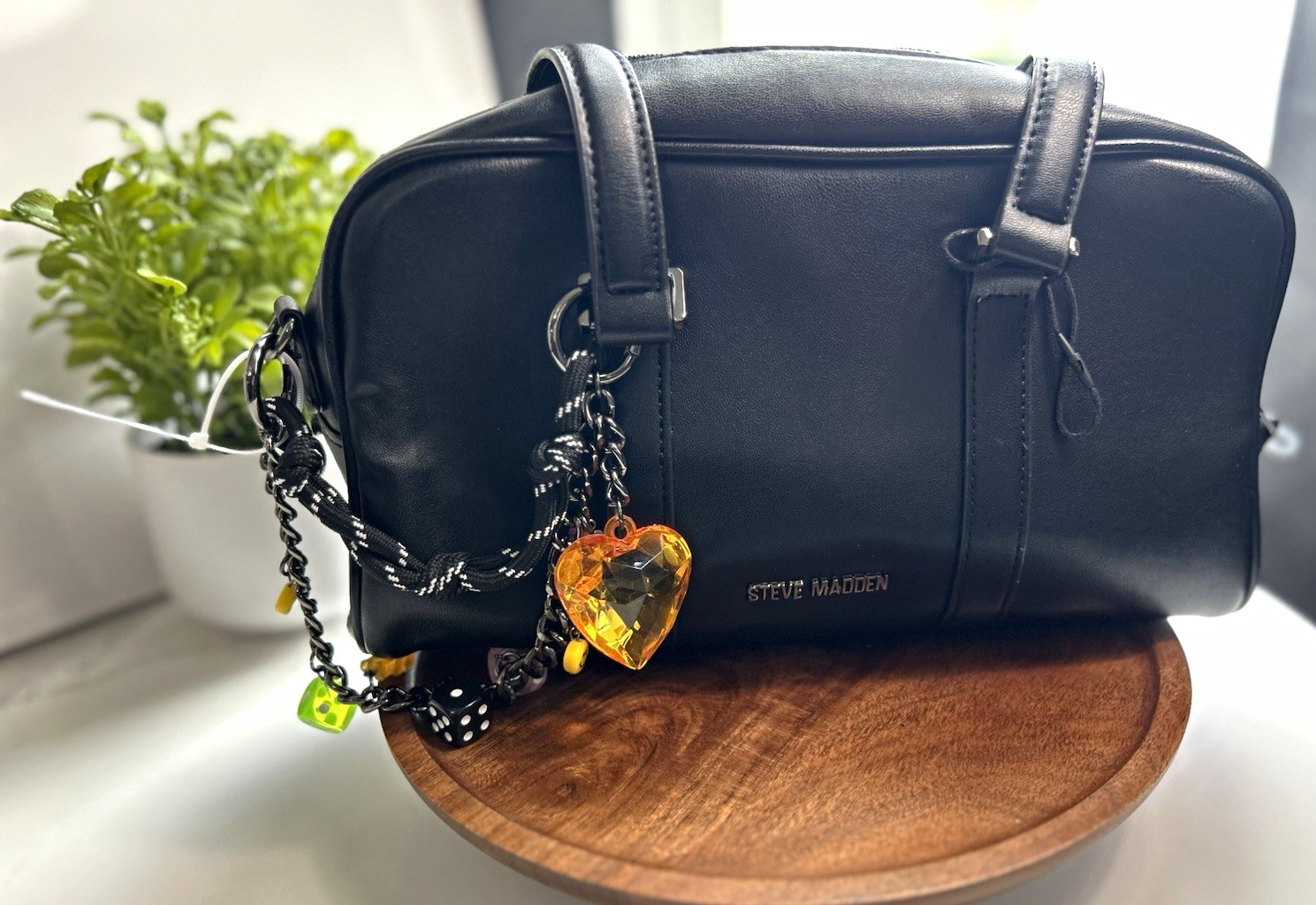 Steve Madden Black Small Zip-Top Shoulder Bag Double Handles Heart Charm Pockets