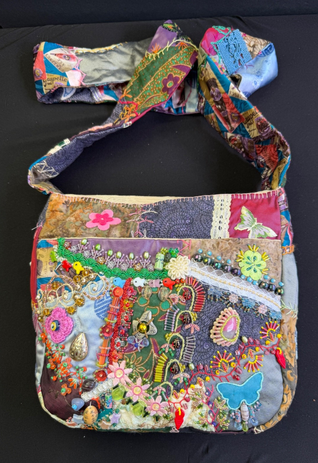 Handcrafted Boho Crazy Quilt Beaded Crossbody Bag Mixed Media Art to Wear Purse