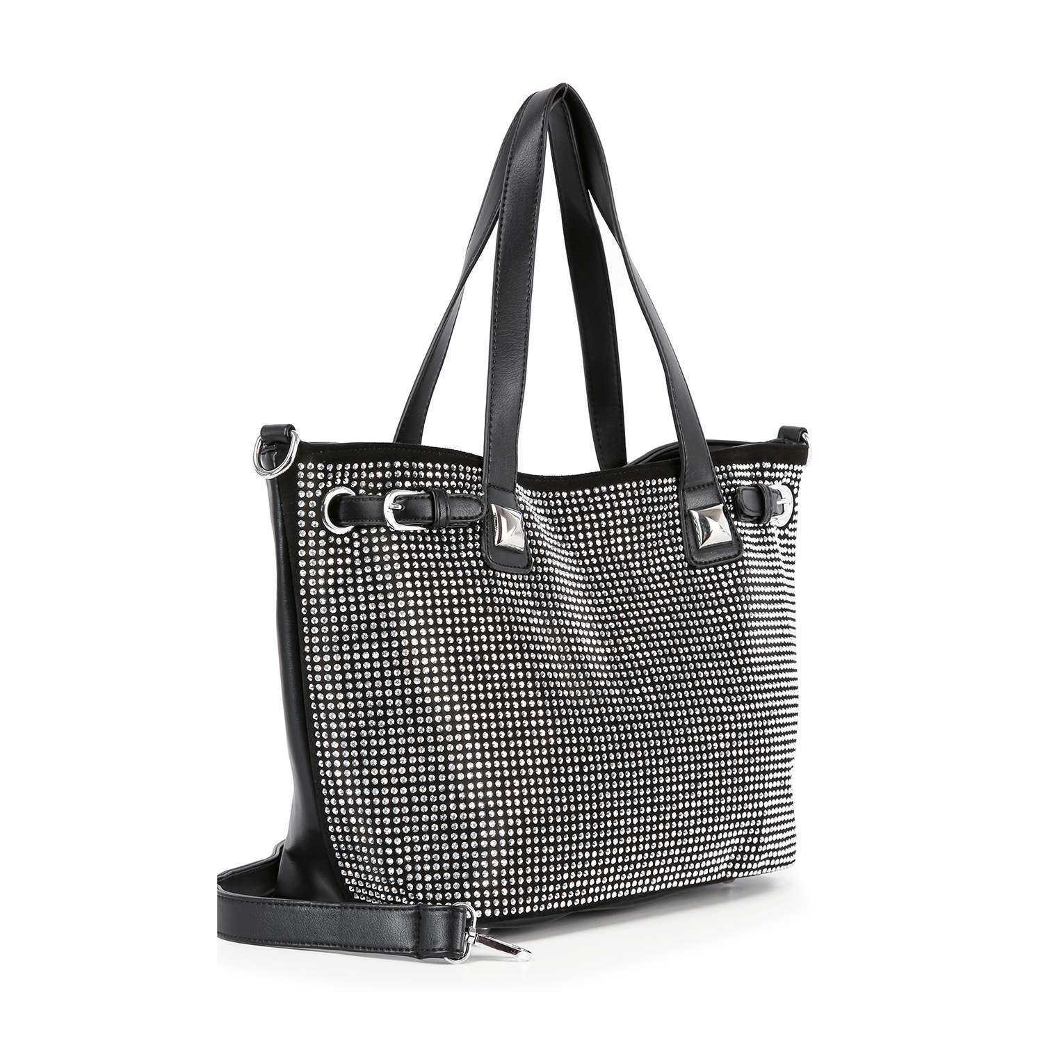 Large Rhinestone Belted Tote Handbag Women Sparkly Buckle Crossbody Purse