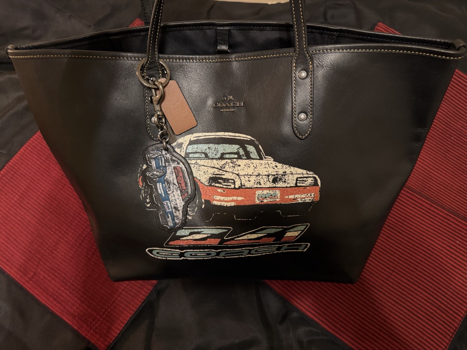 Coach Black Tote Car Graphic Print Zip Top Double Handles Inner Pockets