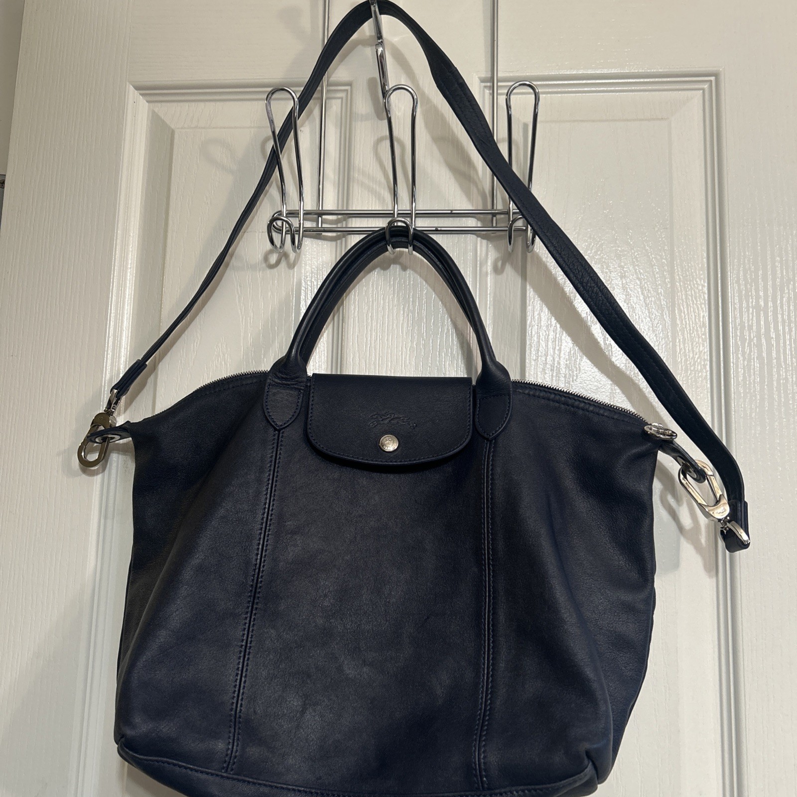 Longchamp Le Pliage Navy All leather 2 ways Satchel Crossbody bag 17x11x5.5”