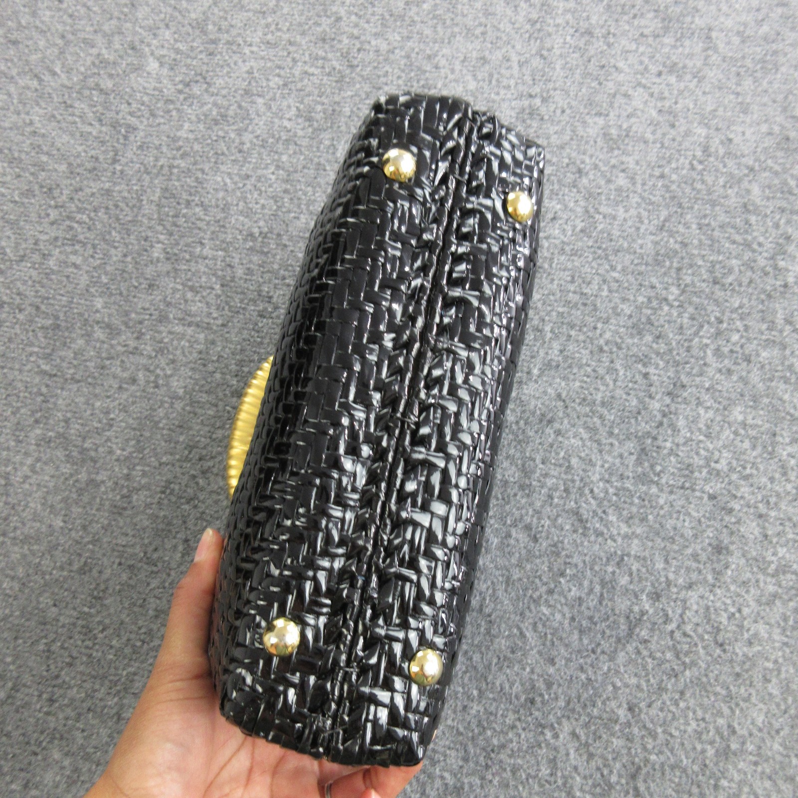 Vtg RODO Top Handle Bag Womens Small Black Plastic Basket Weave Purse Italy